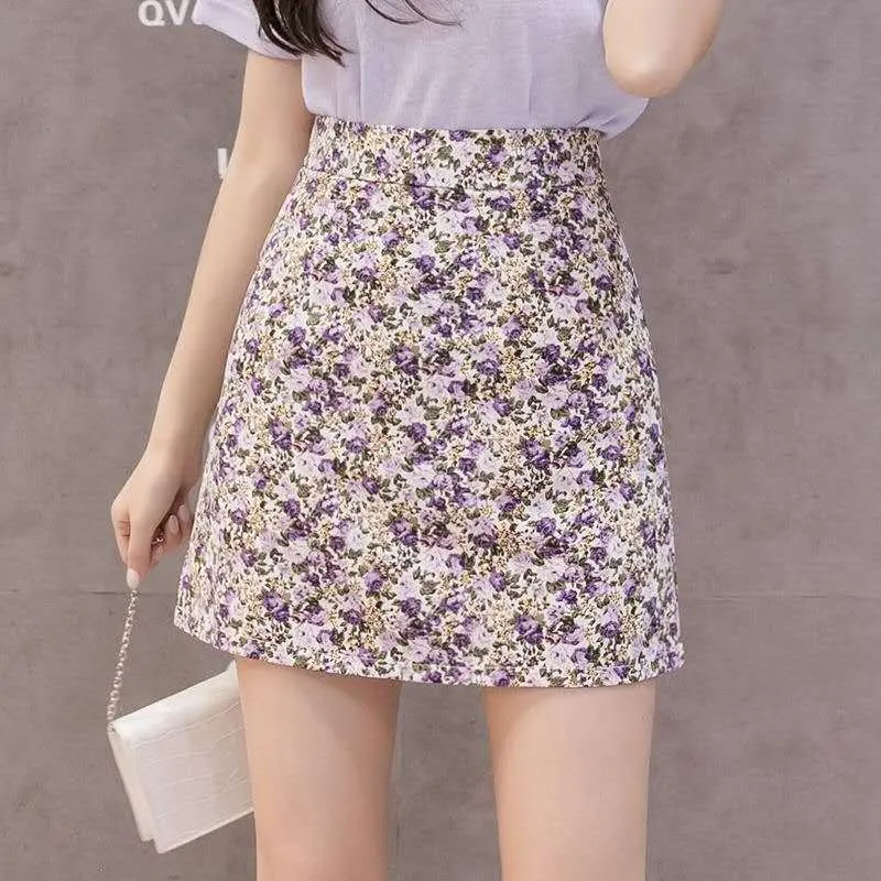 Chequered Skirt Women Summer High Waist Slim Look A-Line Hip Flattering bmPurple Skirt