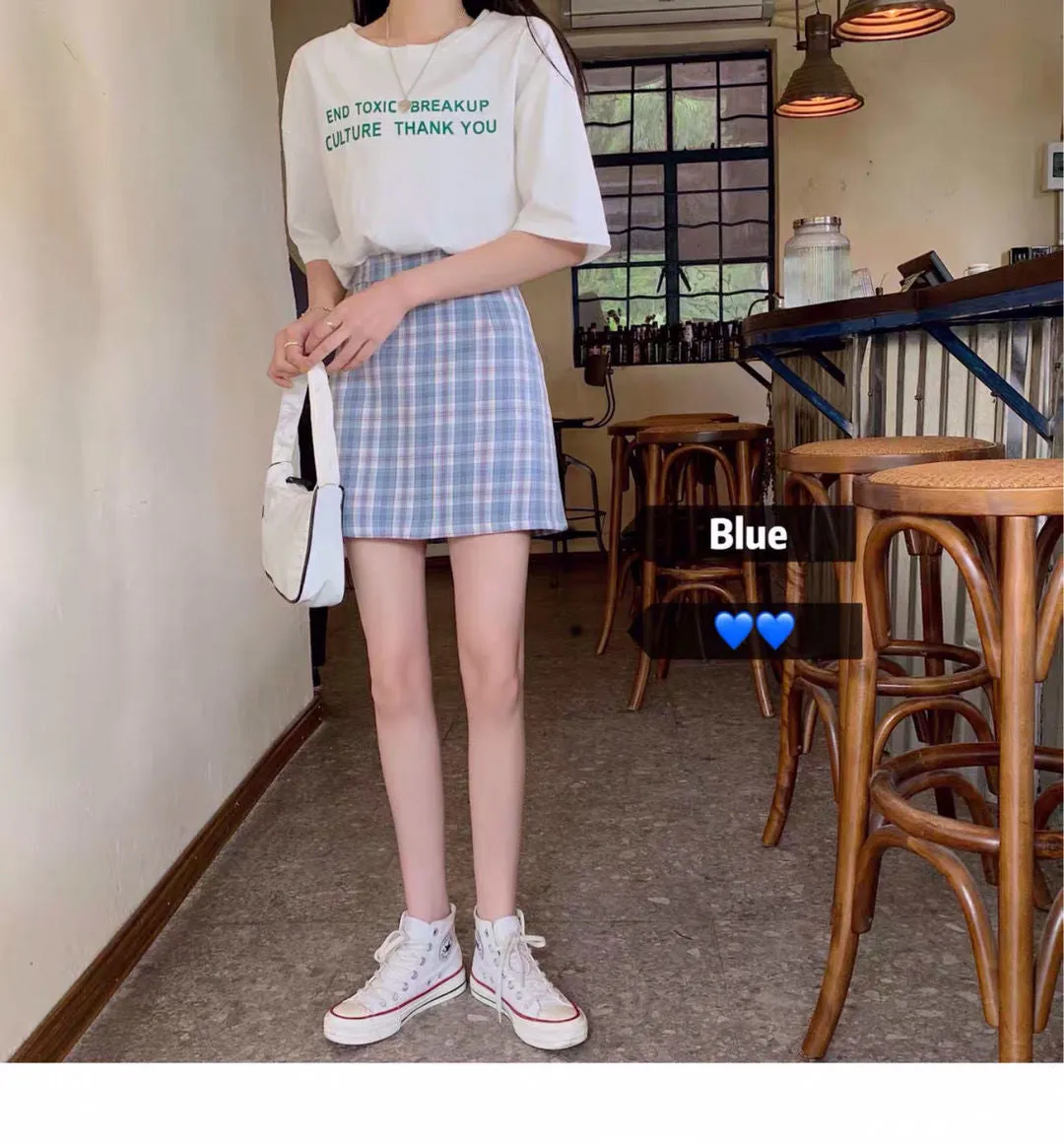 Chequered Skirt Women Summer High Waist Slim Look A-Line Hip Flattering bmPurple Skirt