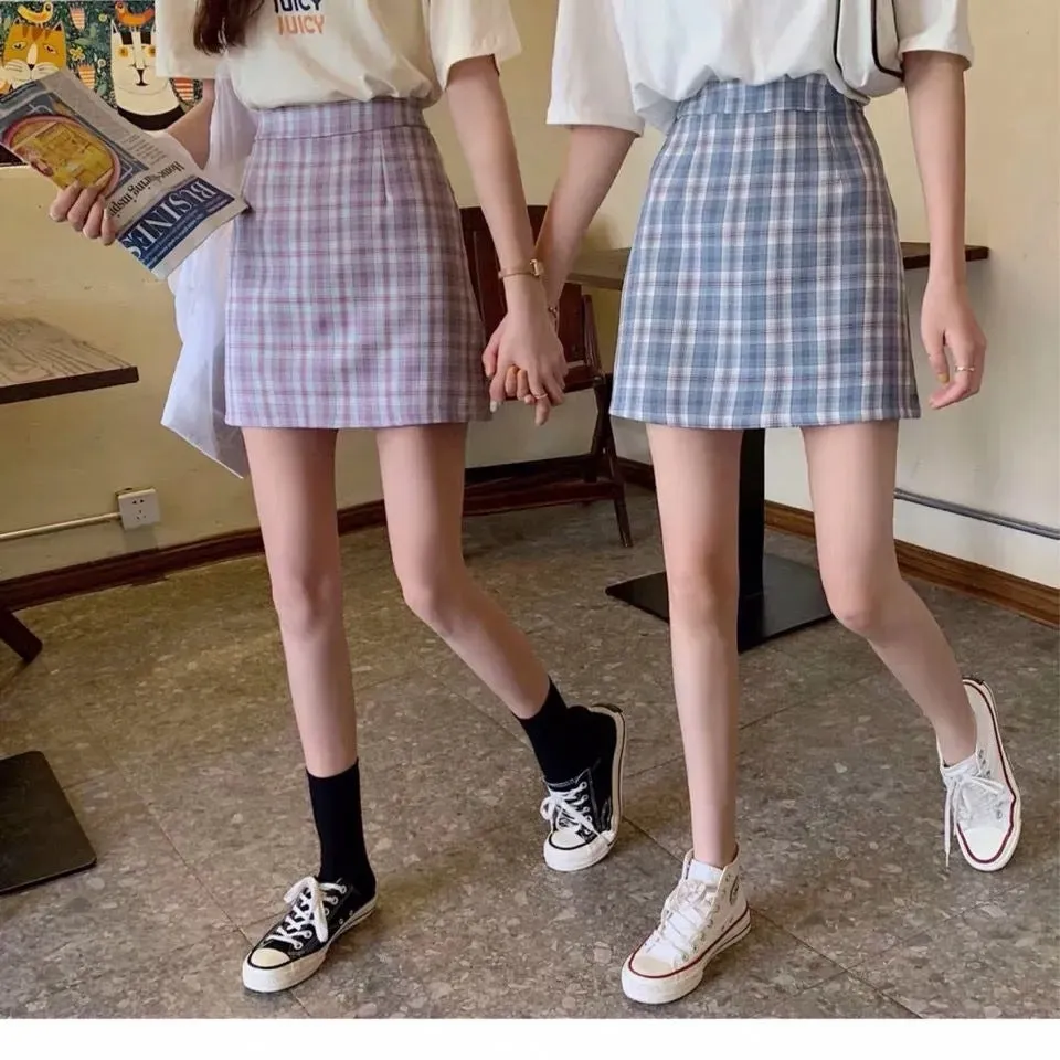 Chequered Skirt Women Summer High Waist Slim Look A-Line Hip Flattering bmPurple Skirt