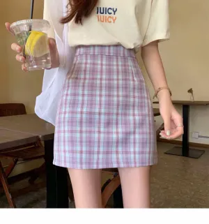 Chequered Skirt Women Summer High Waist Slim Look A-Line Hip Flattering bmPurple Skirt