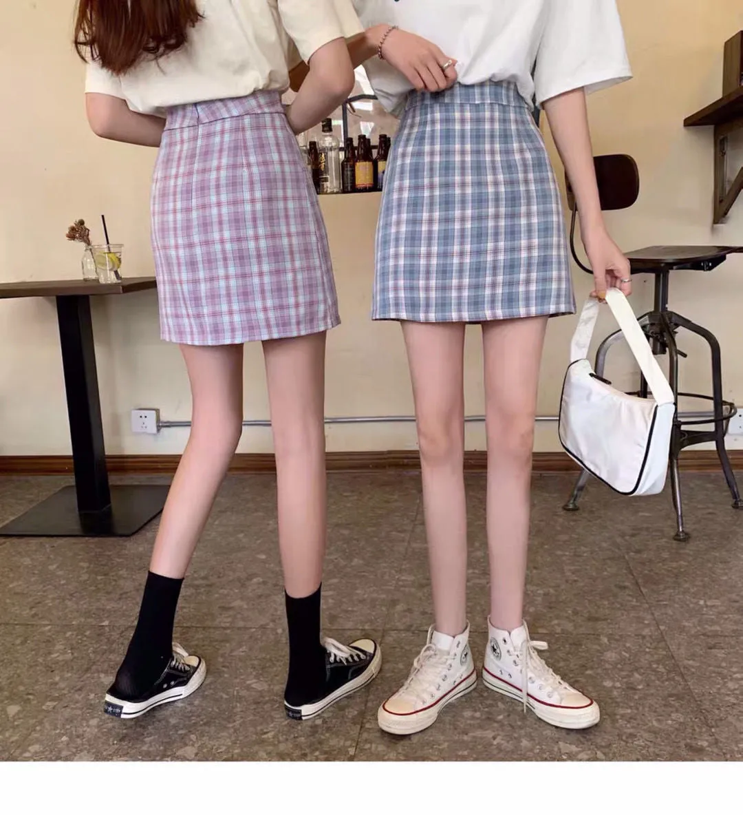 Chequered Skirt Women Summer High Waist Slim Look A-Line Hip Flattering bmPurple Skirt