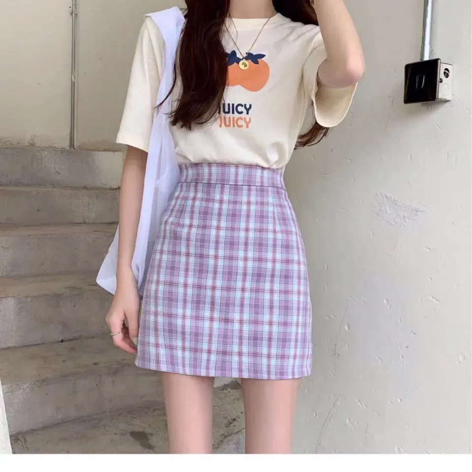 Chequered Skirt Women Summer High Waist Slim Look A-Line Hip Flattering bmPurple Skirt