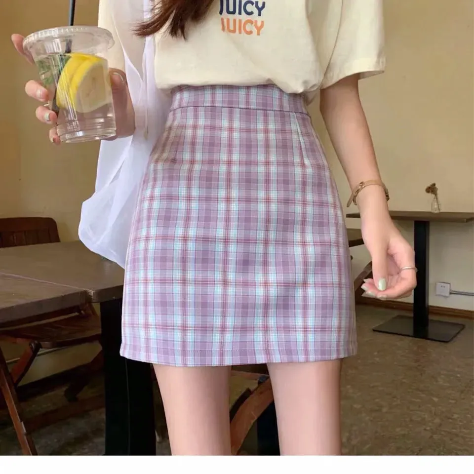 Chequered Skirt Women Summer High Waist Slim Look A-Line Hip Flattering bmPurple Skirt