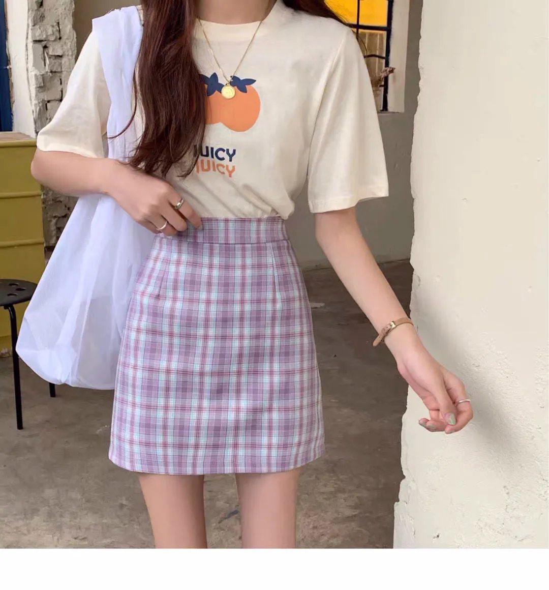 Chequered Skirt Women Summer High Waist Slim Look A-Line Hip Flattering bmPurple Skirt