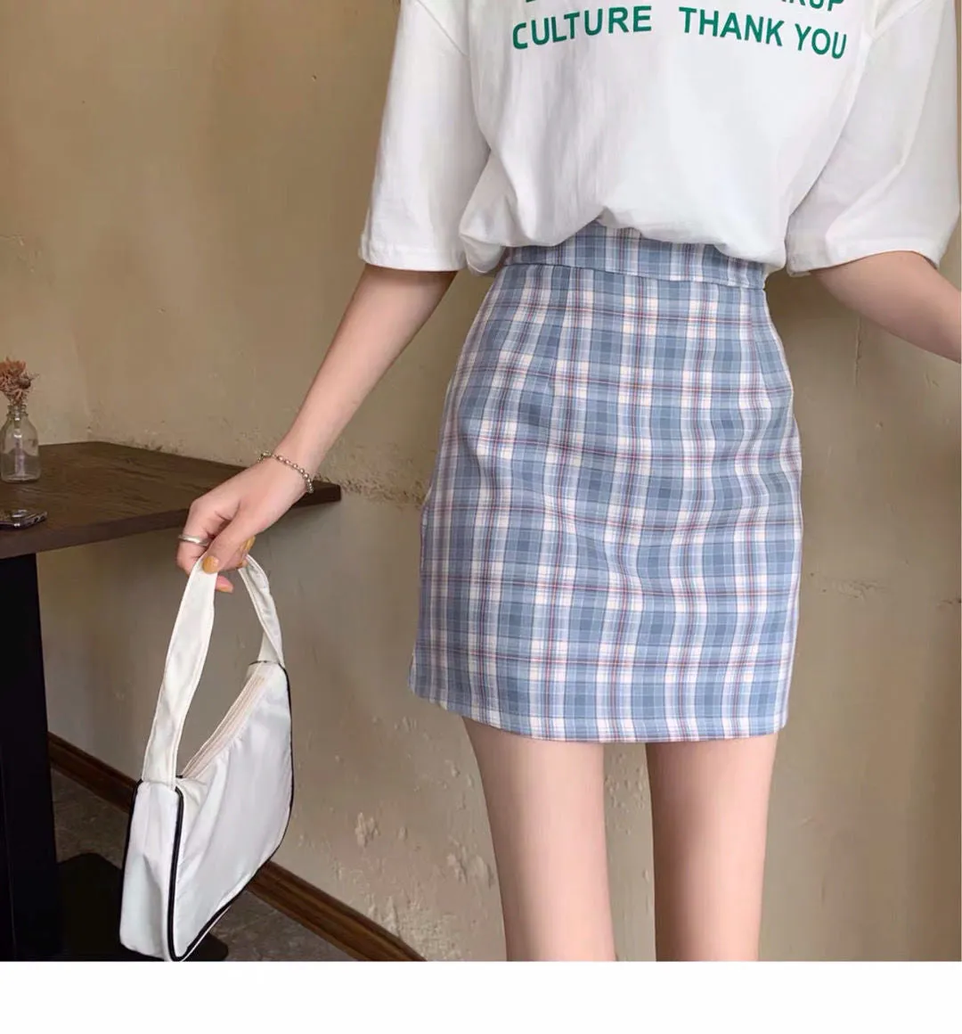 Chequered Skirt Women Summer High Waist Slim Look A-Line Hip Flattering bmPurple Skirt