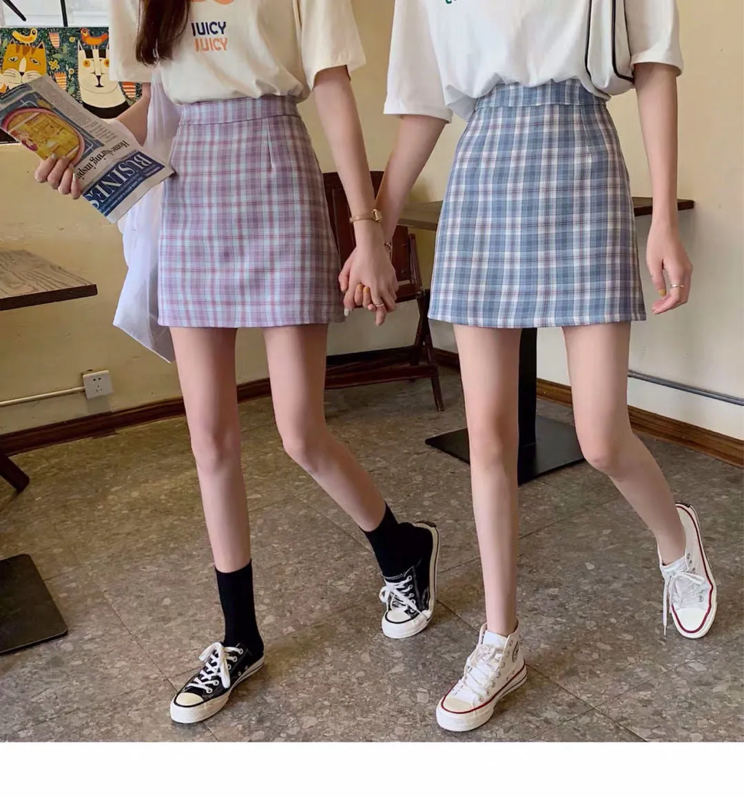 Chequered Skirt Women Summer High Waist Slim Look A-Line Hip Flattering bmPurple Skirt