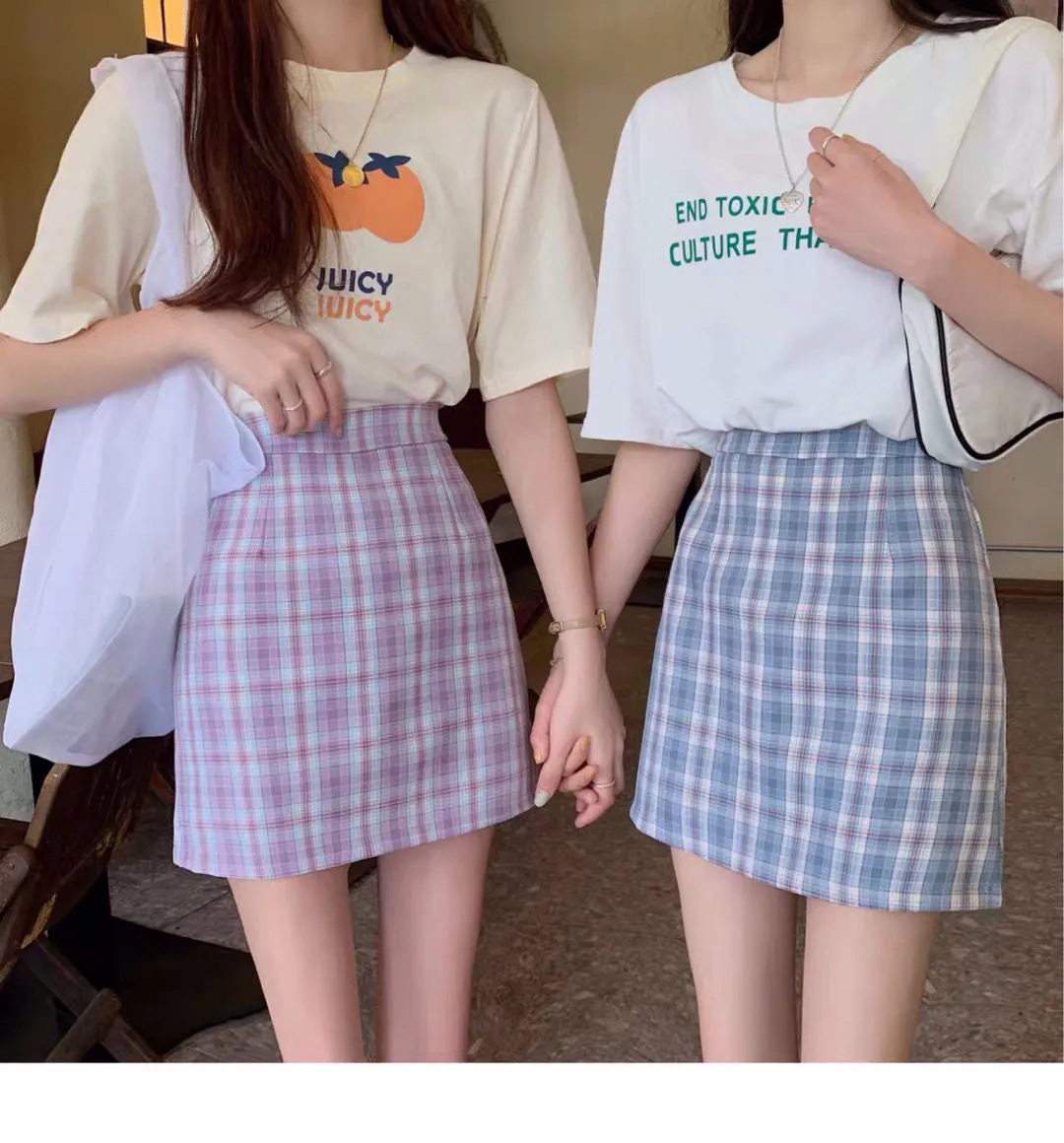Chequered Skirt Women Summer High Waist Slim Look A-Line Hip Flattering bmPurple Skirt