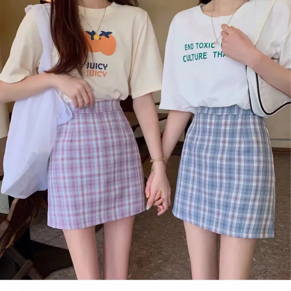Chequered Skirt Women Summer High Waist Slim Look A-Line Hip Flattering bmPurple Skirt