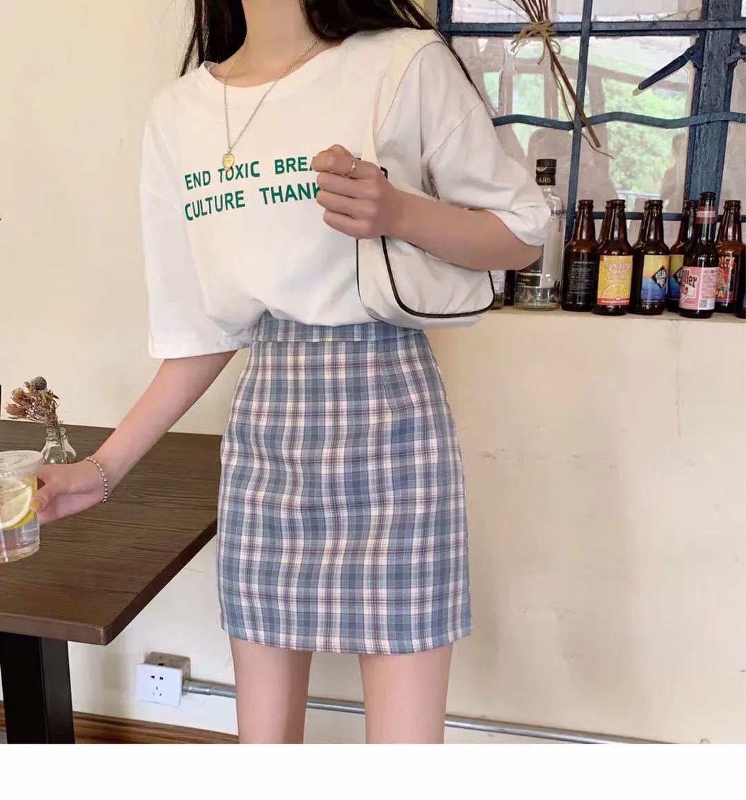 Chequered Skirt Women Summer High Waist Slim Look A-Line Hip Flattering bmPurple Skirt