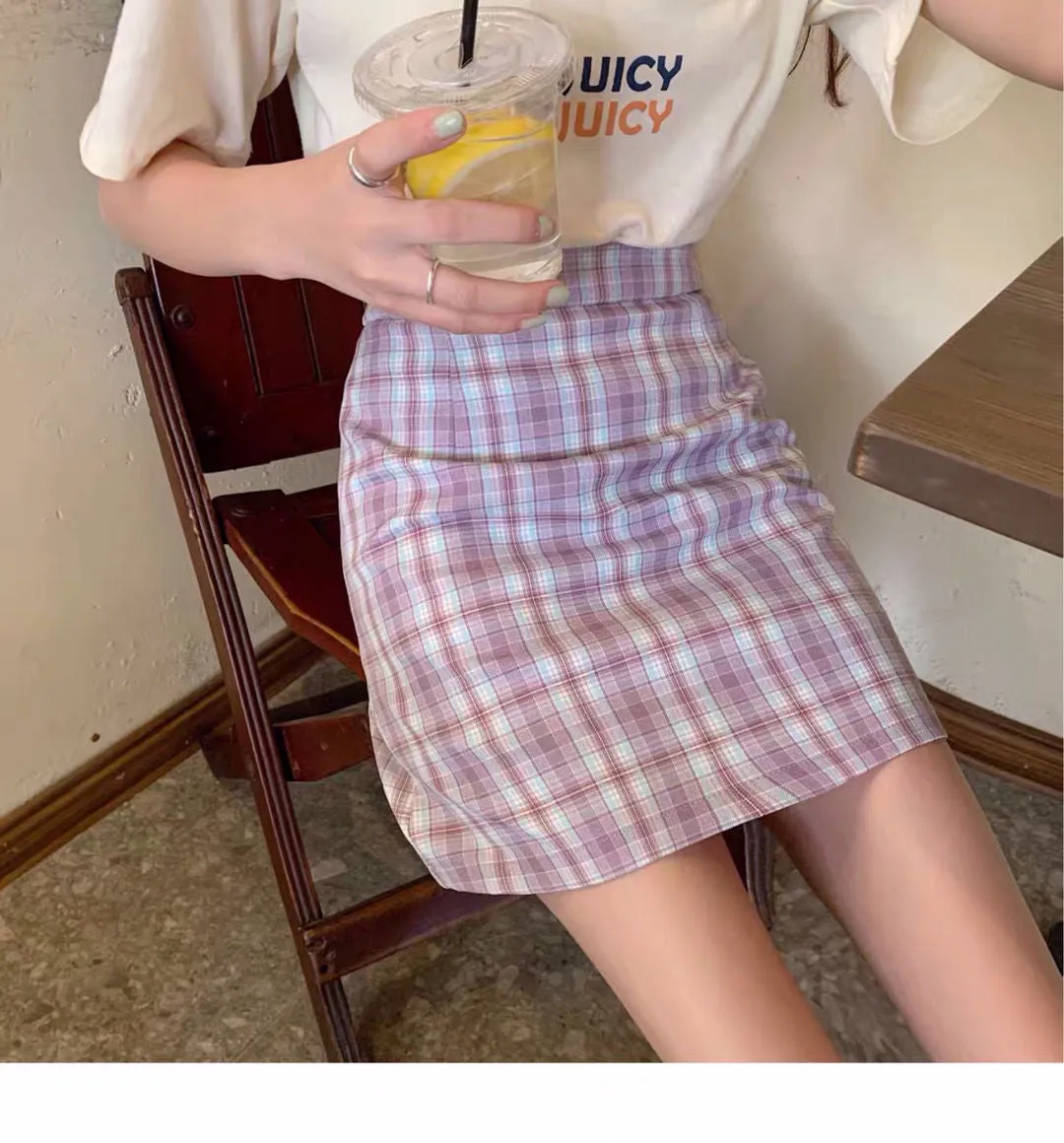 Chequered Skirt Women Summer High Waist Slim Look A-Line Hip Flattering bmPurple Skirt