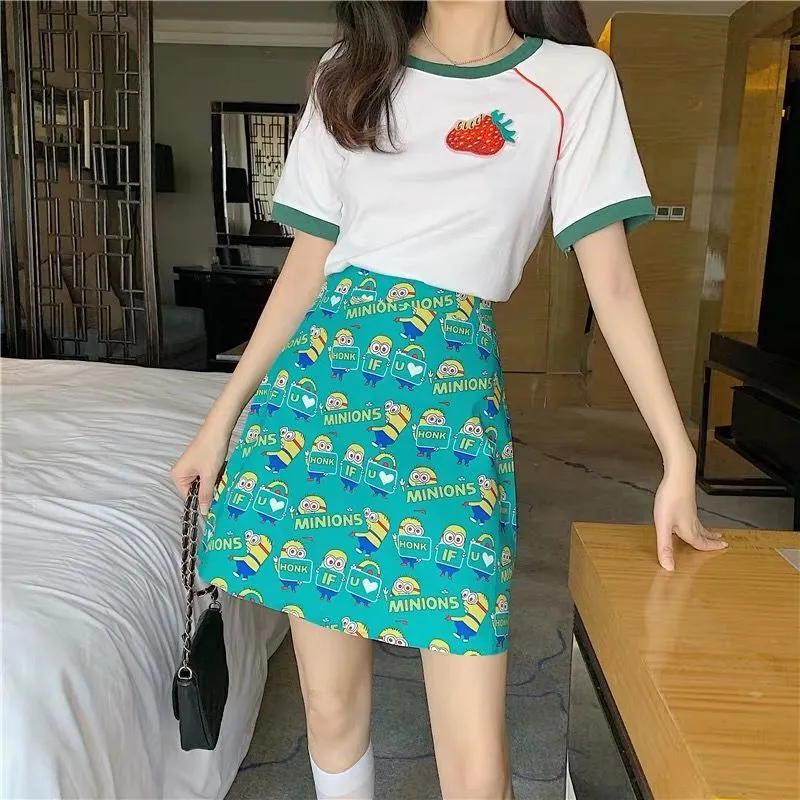 Chequered Skirt Women Summer High Waist Slim Look A-Line Hip Flattering bmPurple Skirt