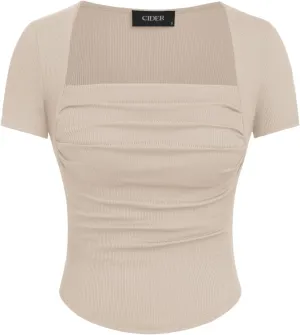 CIDER Going Out Tops Square Neck Short Sleeve Slim Fit Ruched Tops