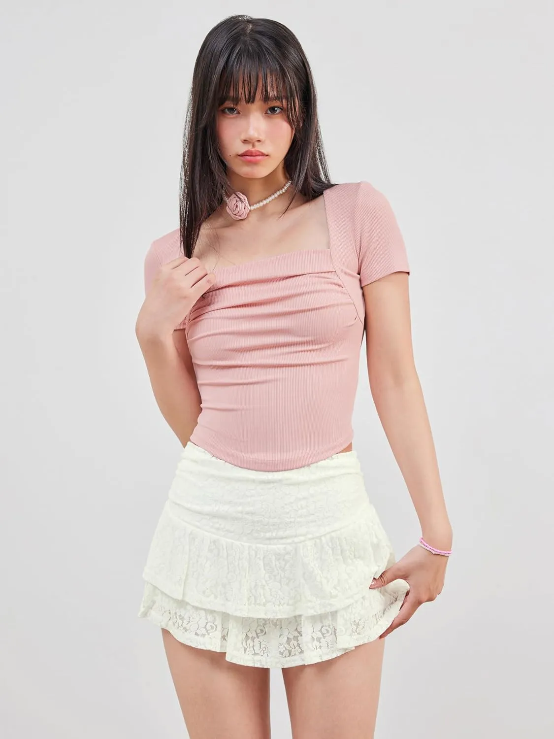 CIDER Going Out Tops Square Neck Short Sleeve Slim Fit Ruched Tops