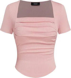 CIDER Going Out Tops Square Neck Short Sleeve Slim Fit Ruched Tops
