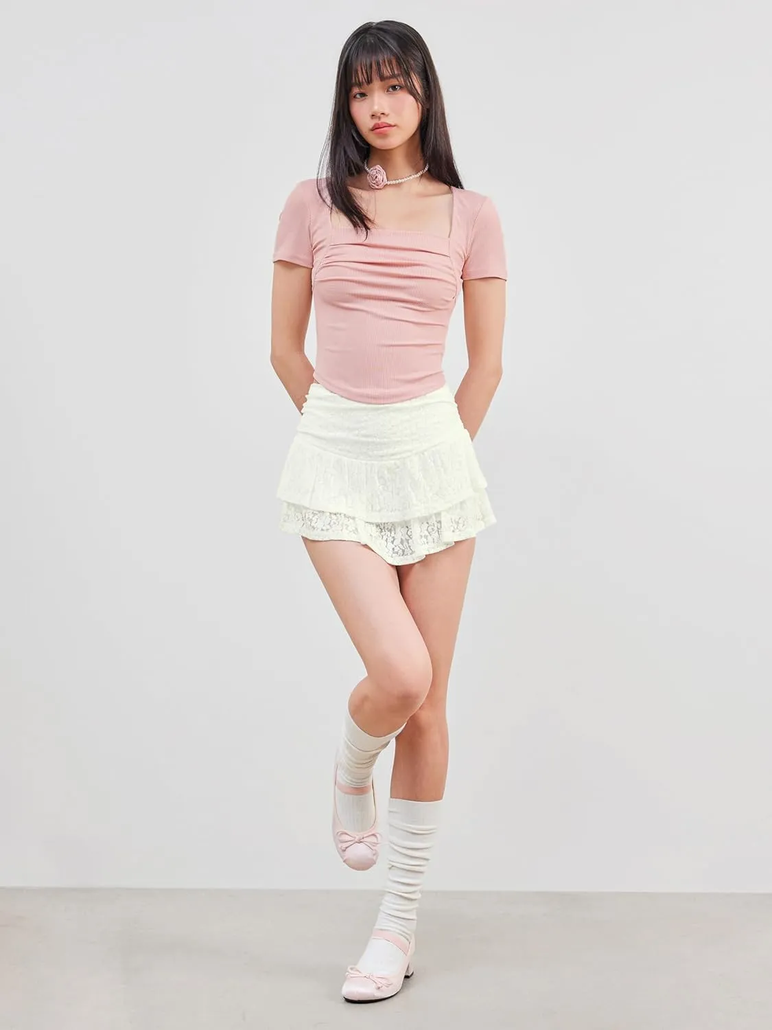 CIDER Going Out Tops Square Neck Short Sleeve Slim Fit Ruched Tops