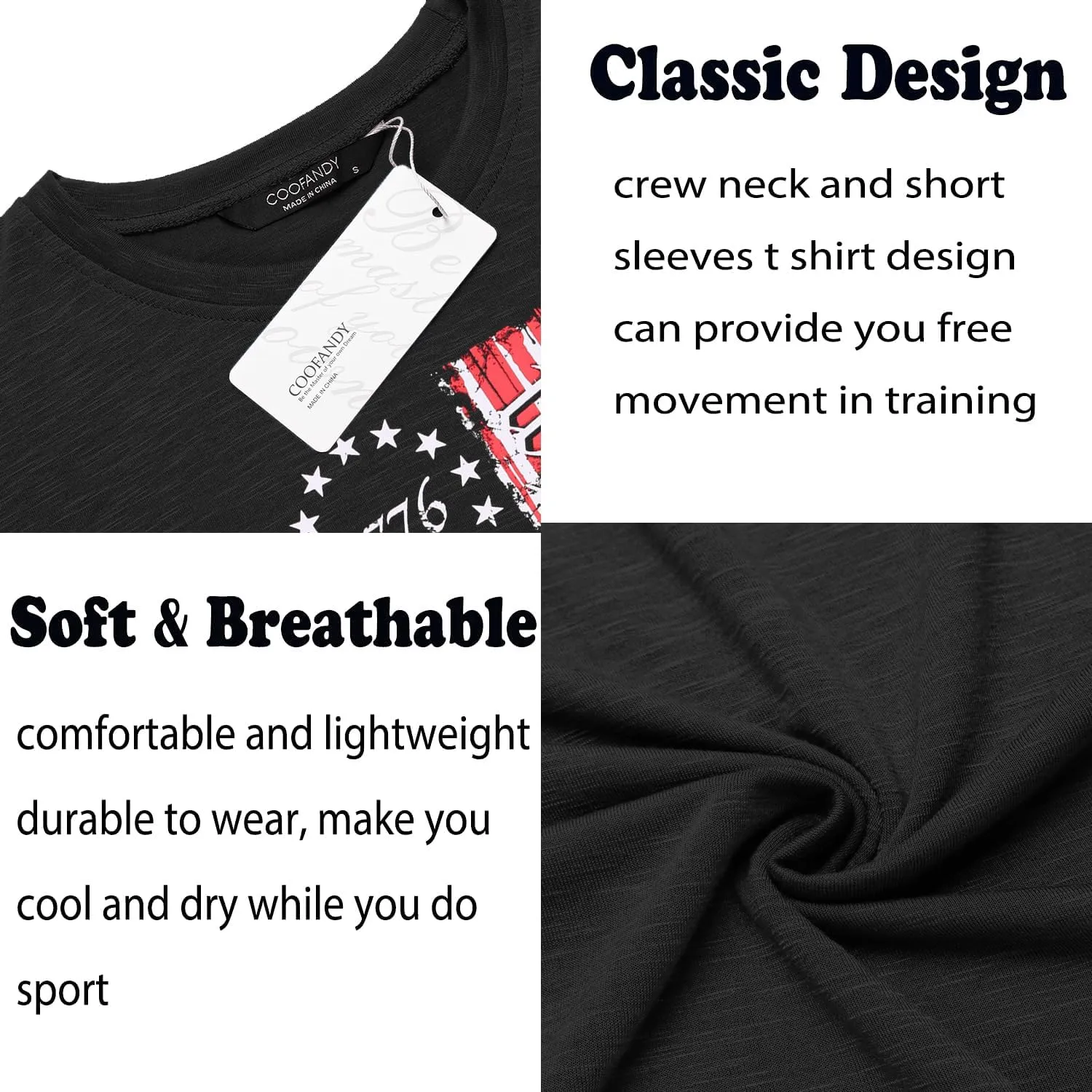 COOFANDY Men Muscle Workout T Shirt Gym Bodybuilding Active Short Sleeve Tee Top Black