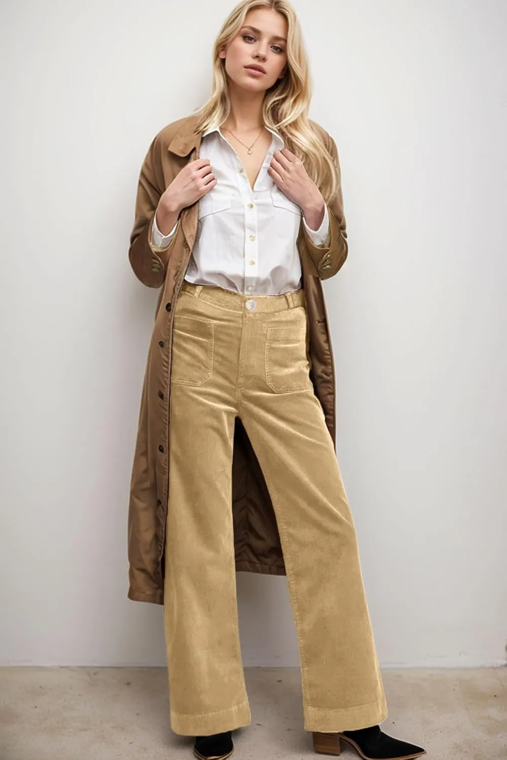 Corduroy Pants Women Elastic Waist Flare Pants Bell Bottom Business Casual Trousers Pants for Women