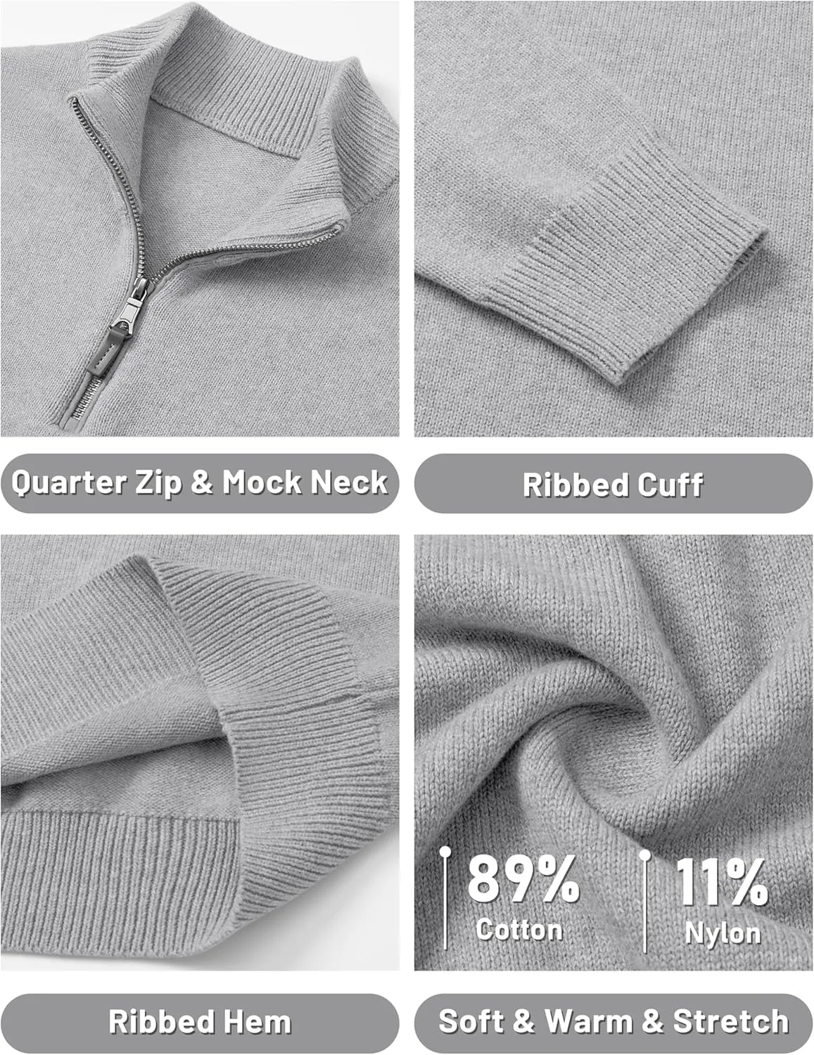 Cotrasen Mens Sweater Quarter Zip Pullover Casual Knit Cotton Long Sleeve Mock Neck Polo Sweaters