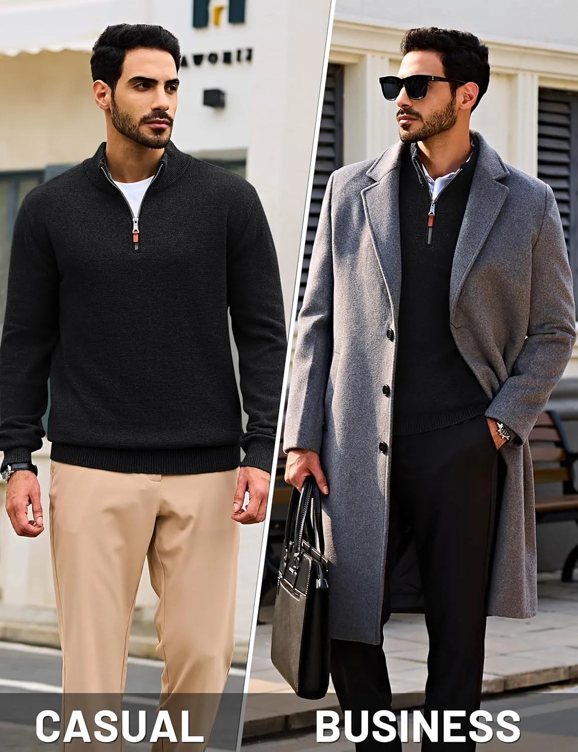 Cotrasen Mens Sweater Quarter Zip Pullover Casual Knit Cotton Long Sleeve Mock Neck Polo Sweaters