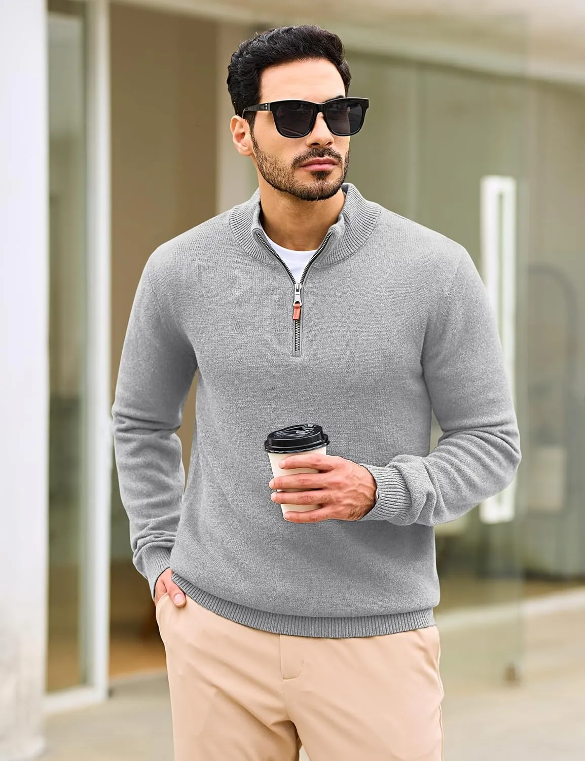 Cotrasen Mens Sweater Quarter Zip Pullover Casual Knit Cotton Long Sleeve Mock Neck Polo Sweaters