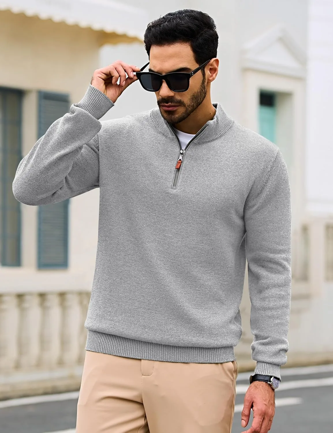 Cotrasen Mens Sweater Quarter Zip Pullover Casual Knit Cotton Long Sleeve Mock Neck Polo Sweaters