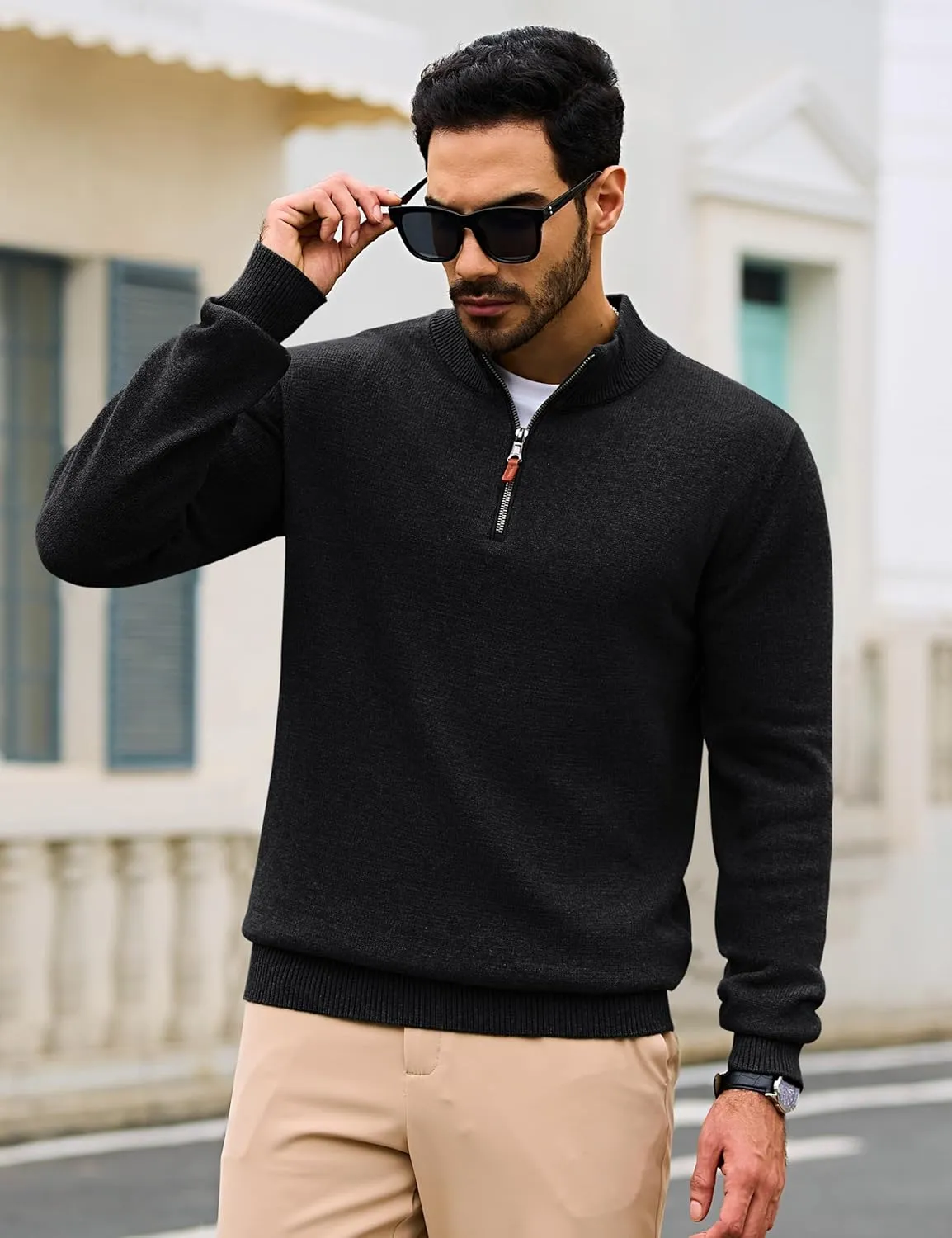 Cotrasen Mens Sweater Quarter Zip Pullover Casual Knit Cotton Long Sleeve Mock Neck Polo Sweaters