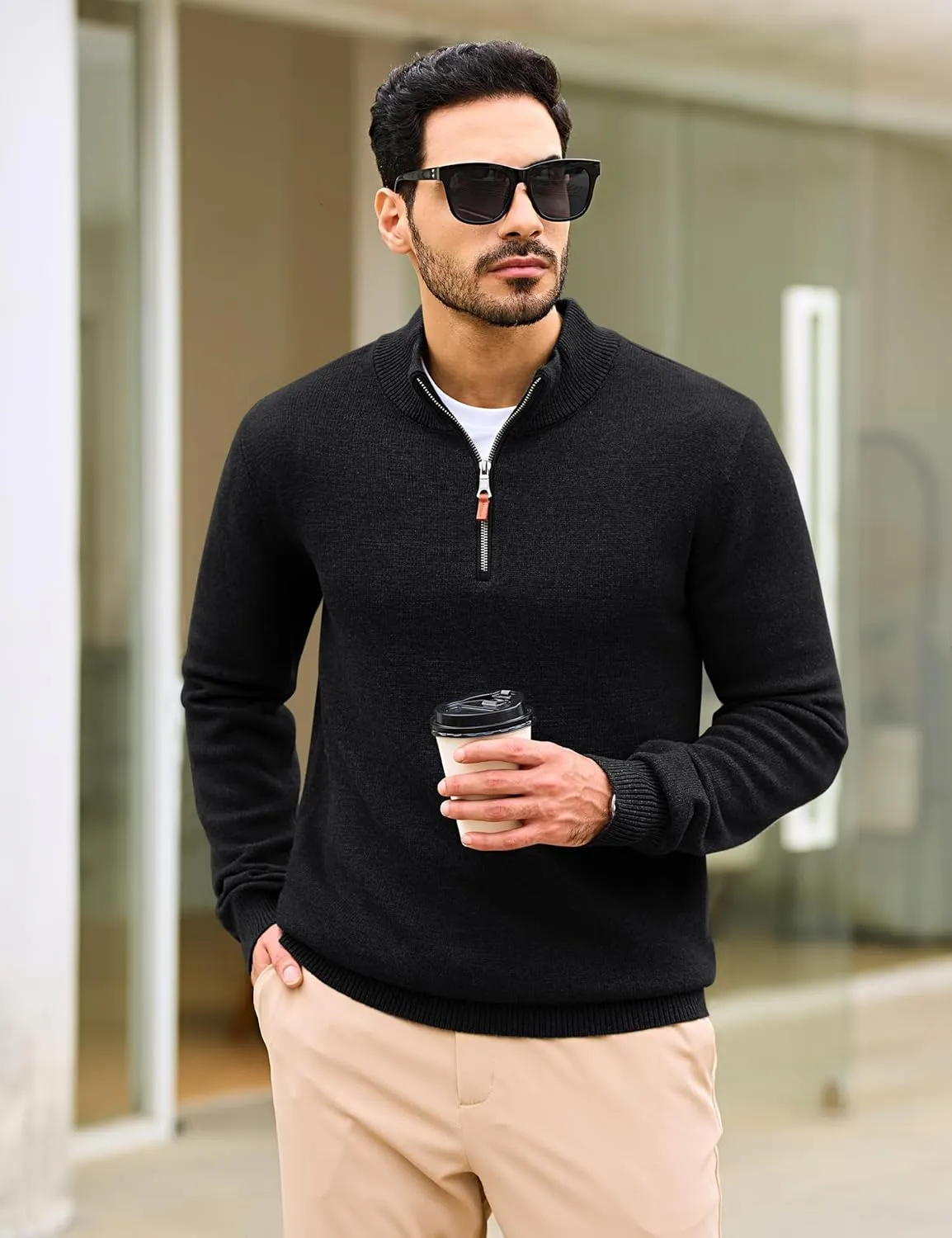 Cotrasen Mens Sweater Quarter Zip Pullover Casual Knit Cotton Long Sleeve Mock Neck Polo Sweaters