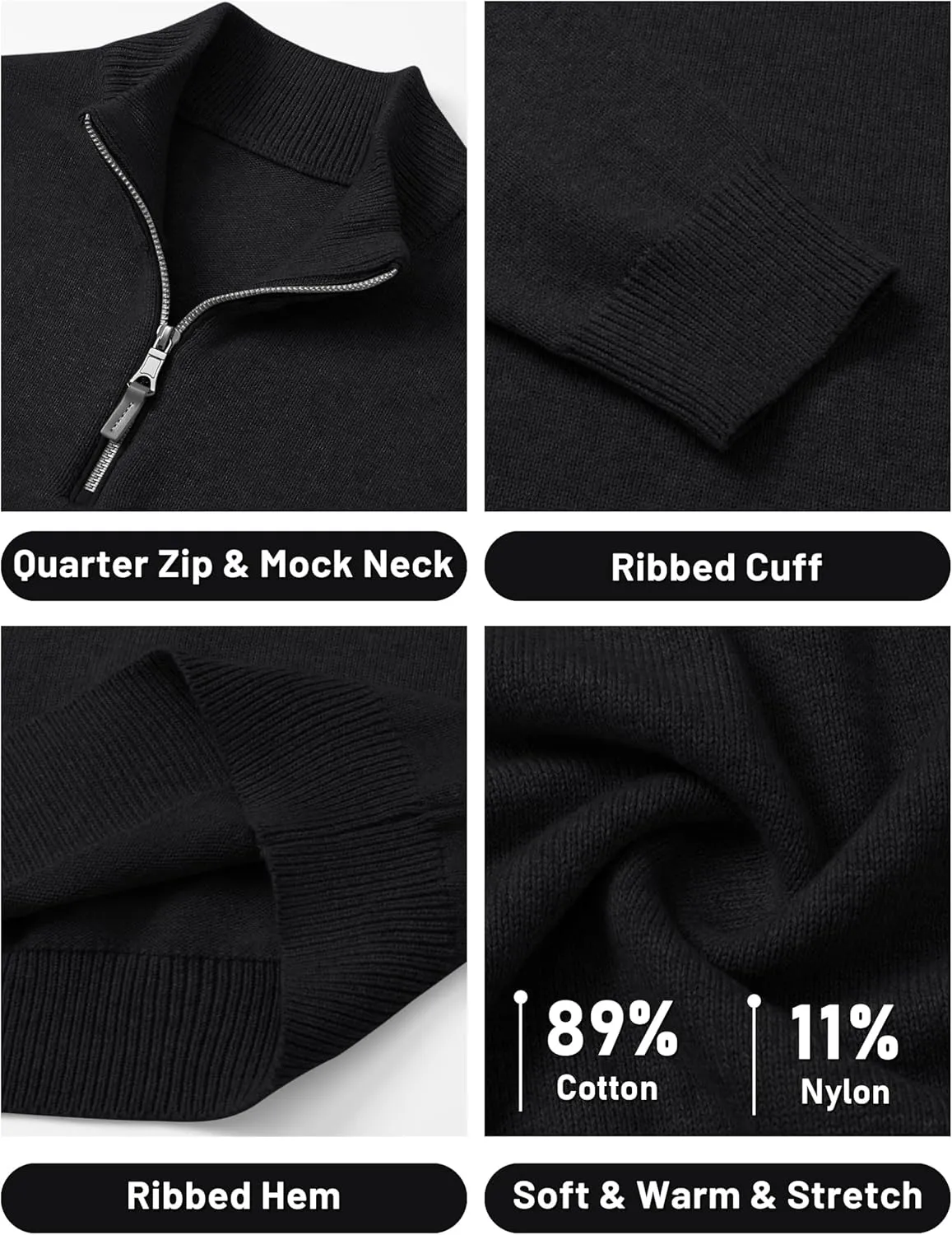 Cotrasen Mens Sweater Quarter Zip Pullover Casual Knit Cotton Long Sleeve Mock Neck Polo Sweaters