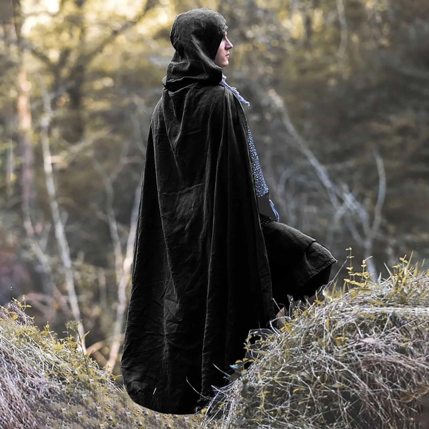 Cotton Linen Cape Unisex Cloak with Hood Halloween Costume Hooded Cloak Adult Vampire Witch Cape Men Retro Gothic