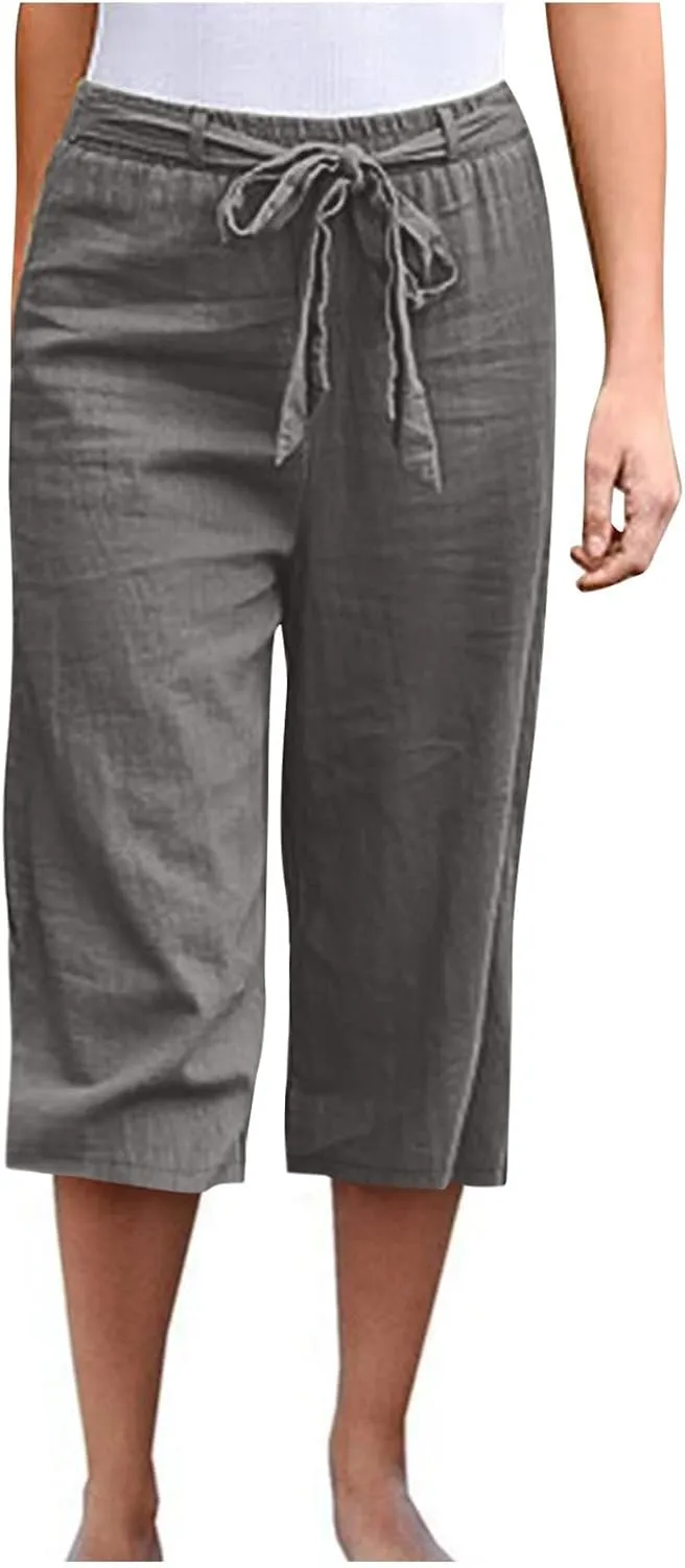 Cotton Linen Capri Pants for Women 2023 Summer Casual Elastic Waist Wide Leg Cropped Pants Loose Fit Beach Pants with Pockets