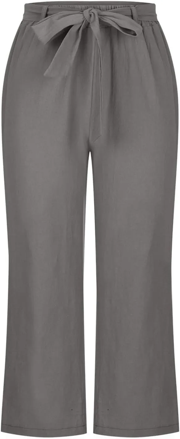 Cotton Linen Capri Pants for Women 2023 Summer Casual Elastic Waist Wide Leg Cropped Pants Loose Fit Beach Pants with Pockets