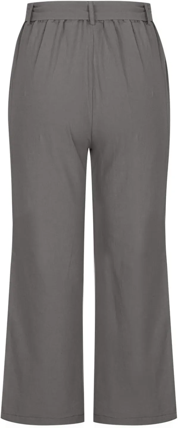 Cotton Linen Capri Pants for Women 2023 Summer Casual Elastic Waist Wide Leg Cropped Pants Loose Fit Beach Pants with Pockets