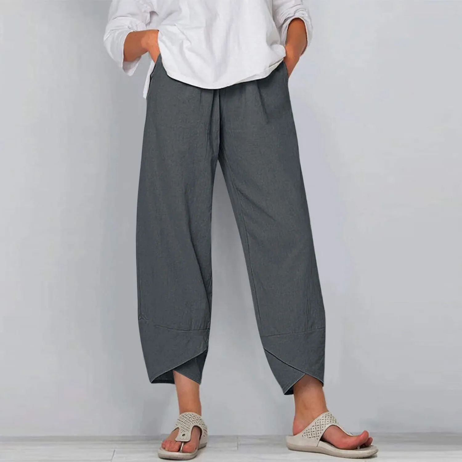 Cotton Linen Capri Yoga Pants Plus Size Summer Casual Harem Palazzo Pajama Yoga Workout Travel Cropped Pants