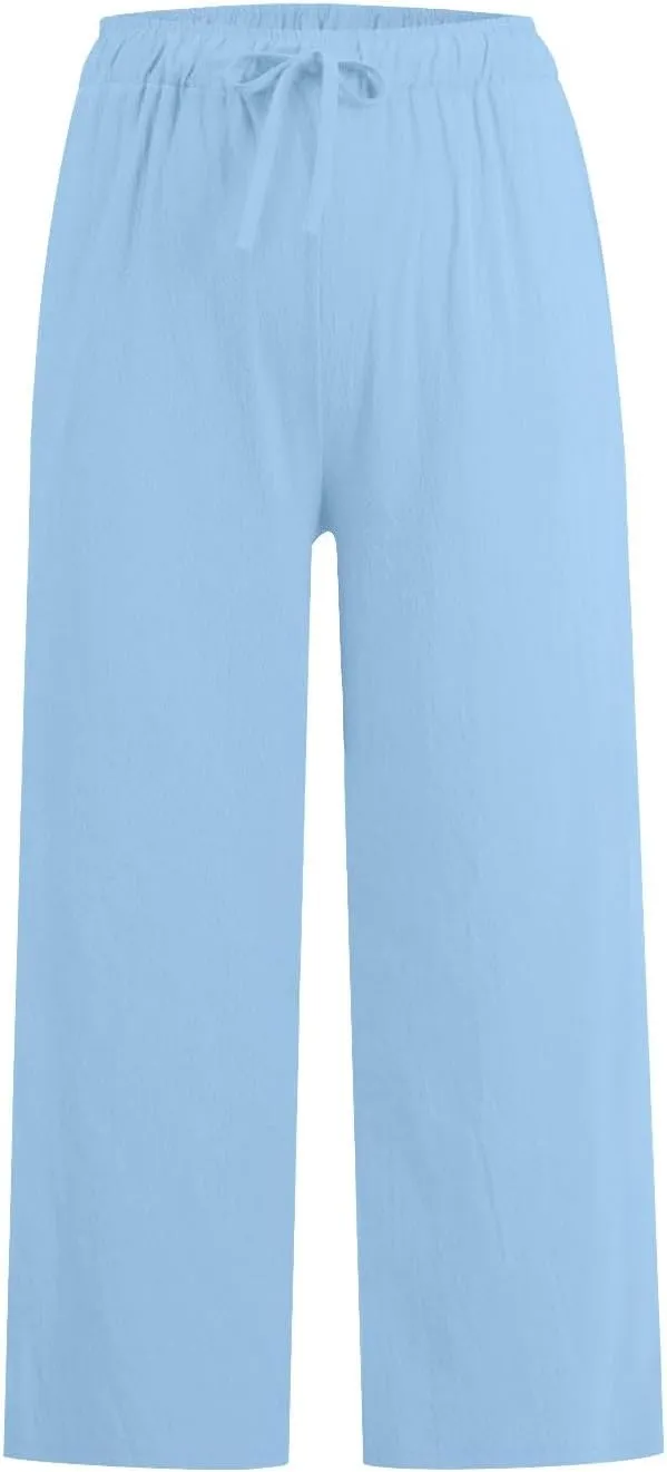 Cotton Linen Pants for Women 2025 Wide Leg Cropped Lounge Trousers Drawstring Elastic Waist Summer Beach Pant Outfits