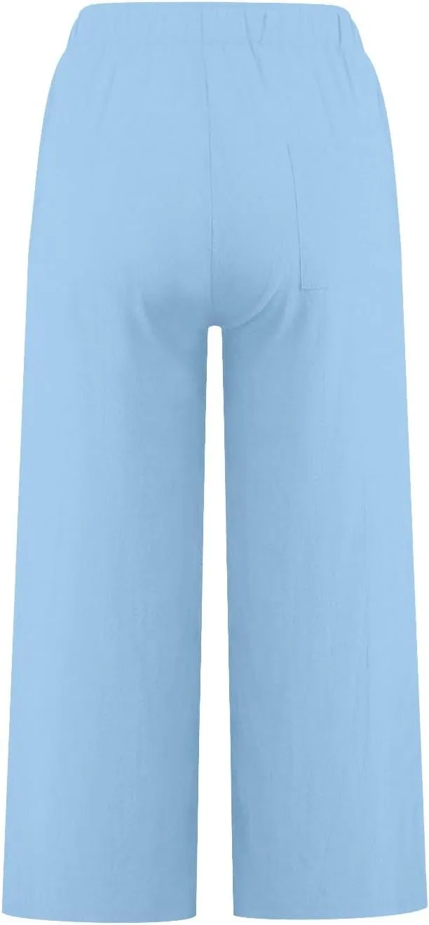 Cotton Linen Pants for Women 2025 Wide Leg Cropped Lounge Trousers Drawstring Elastic Waist Summer Beach Pant Outfits