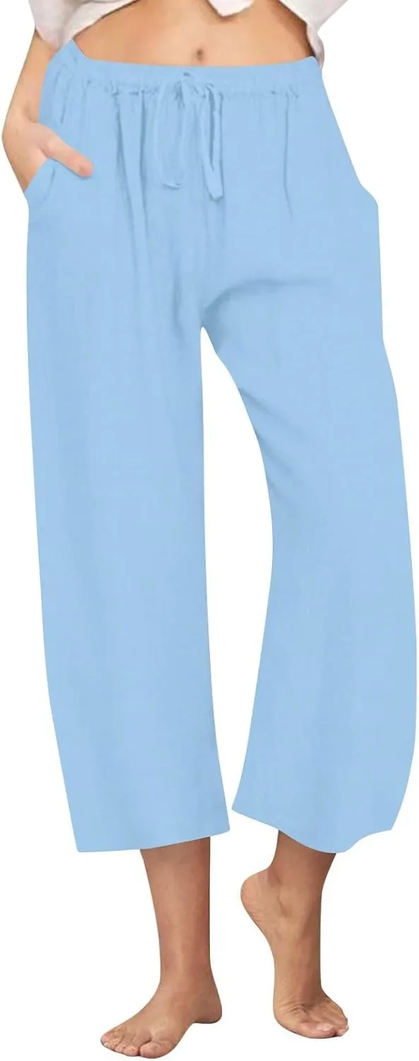 Cotton Linen Pants for Women 2025 Wide Leg Cropped Lounge Trousers Drawstring Elastic Waist Summer Beach Pant Outfits
