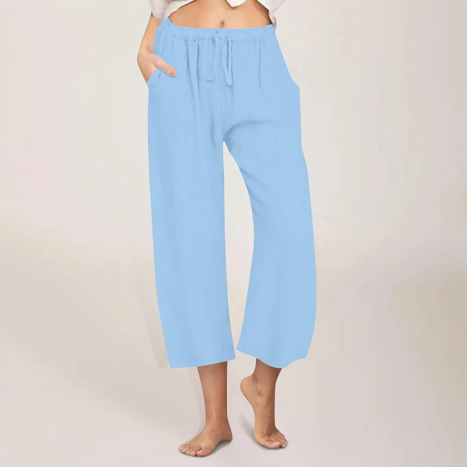 Cotton Linen Pants for Women 2025 Wide Leg Cropped Lounge Trousers Drawstring Elastic Waist Summer Beach Pant Outfits