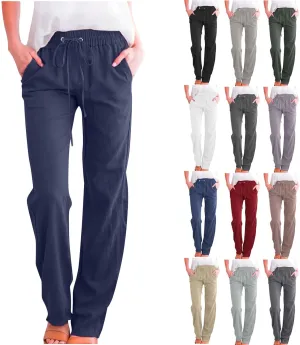 Cotton Linen Pants for Women Dressy Casual High Waisted Drawstring Pant Causal Summer Straight Leg Lounge Trousers