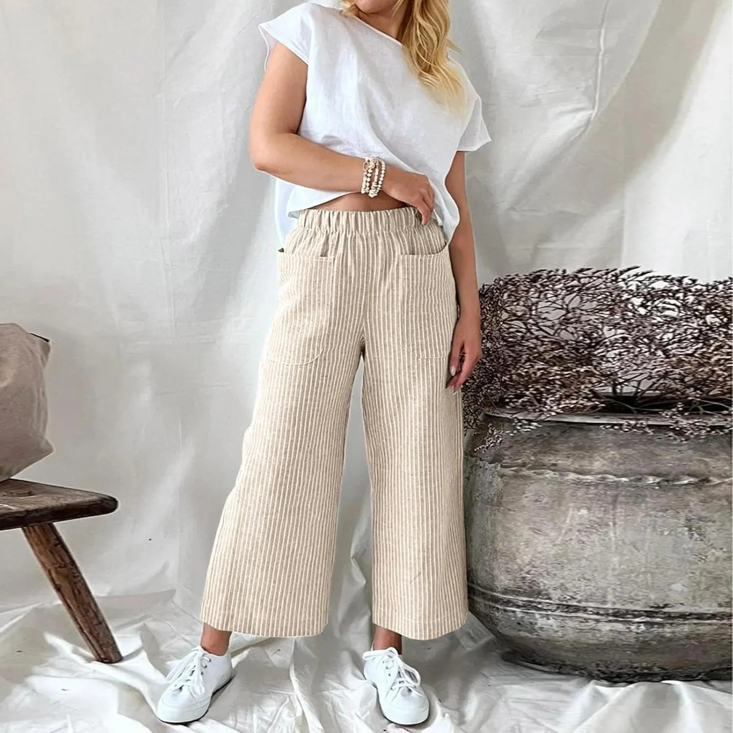 Cotton Striped Linen Pants for Women Loose Fit Summer 2025 with Pocket Wide Leg Trousers Casual Beach Vacation Travel Pants