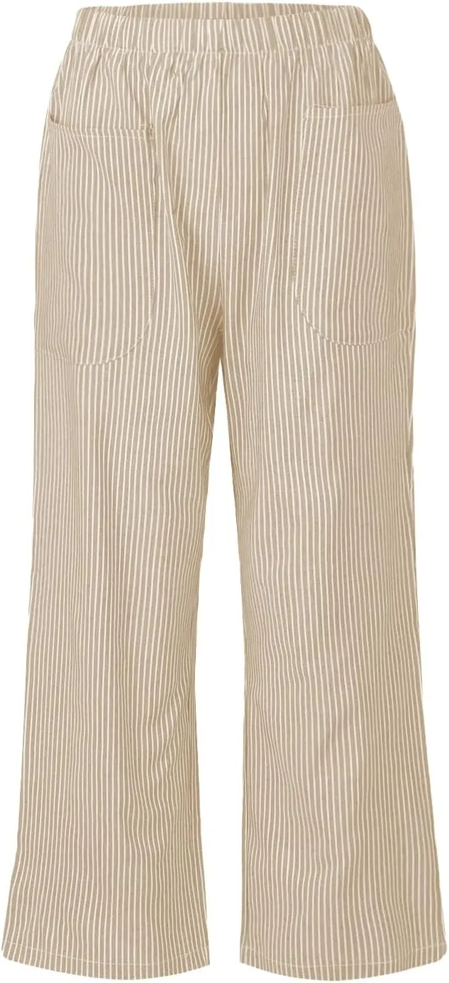 Cotton Striped Linen Pants for Women Loose Fit Summer 2025 with Pocket Wide Leg Trousers Casual Beach Vacation Travel Pants