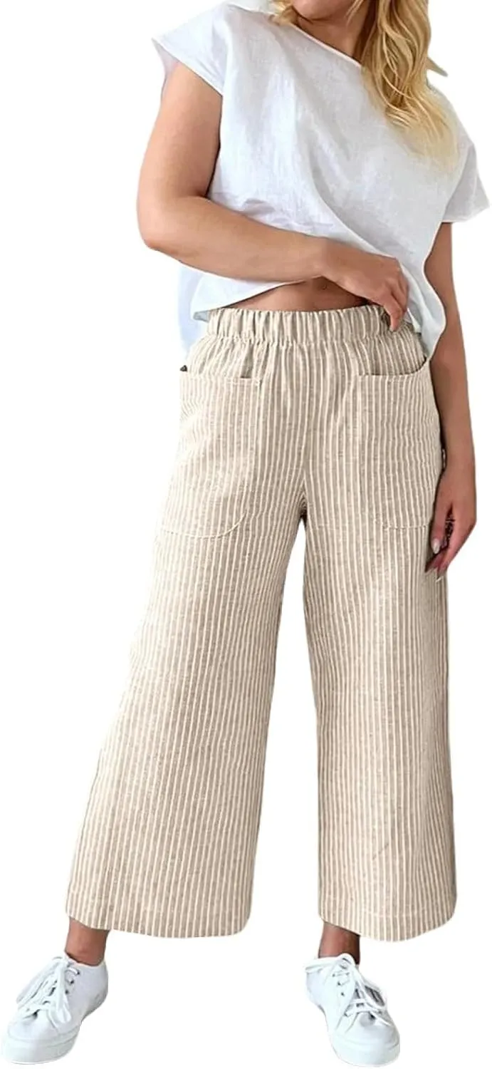 Cotton Striped Linen Pants for Women Loose Fit Summer 2025 with Pocket Wide Leg Trousers Casual Beach Vacation Travel Pants