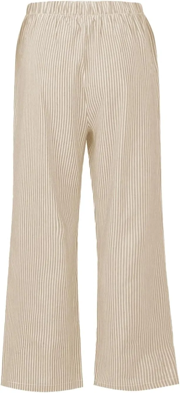 Cotton Striped Linen Pants for Women Loose Fit Summer 2025 with Pocket Wide Leg Trousers Casual Beach Vacation Travel Pants