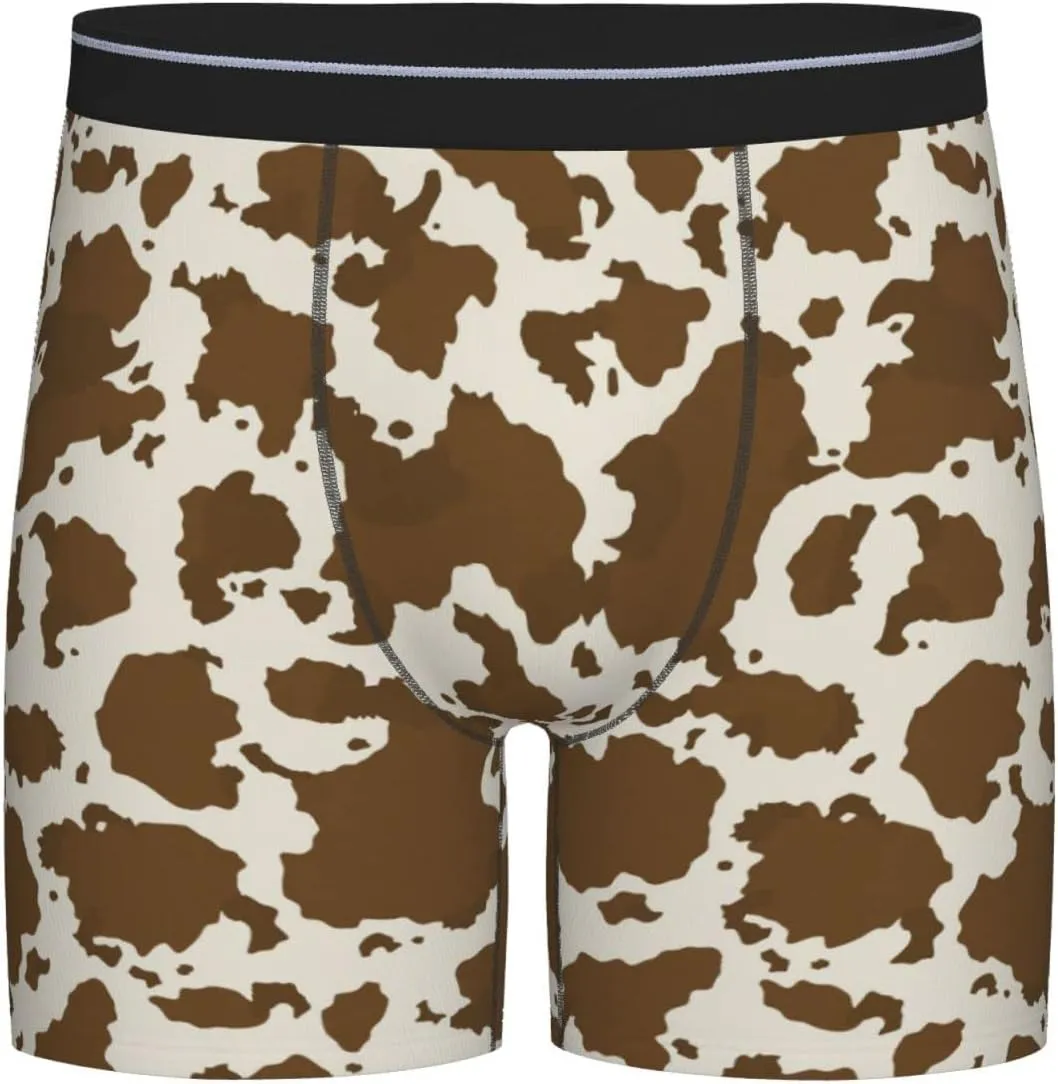 Cow Leather Brown Print Mens Underwear Boxer Briefs Soft Breathable Stretch Long Leg Underpants for Men Teens