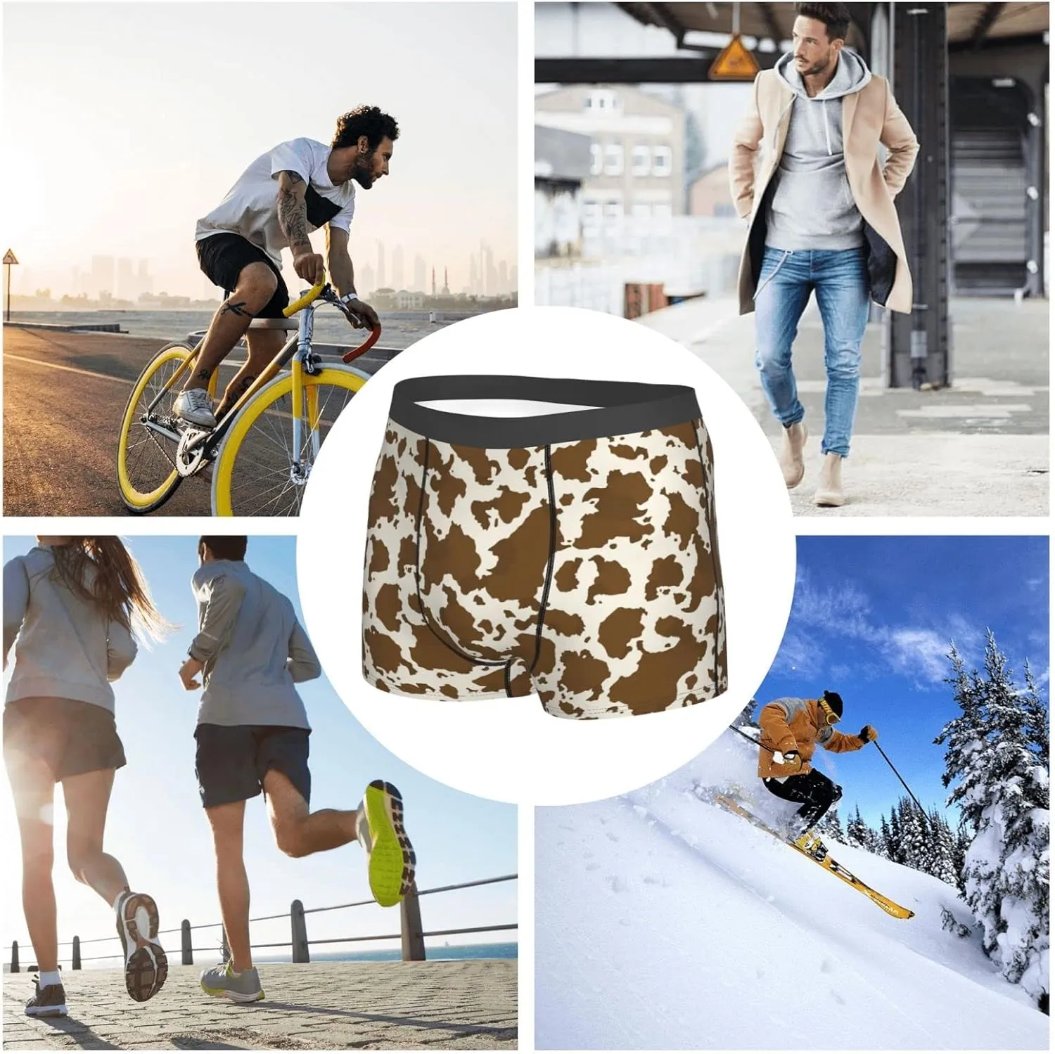 Cow Leather Brown Print Mens Underwear Boxer Briefs Soft Breathable Underpants with Elastic Waistband