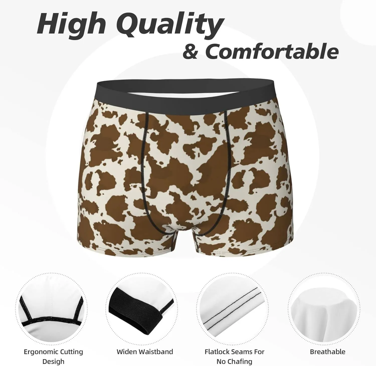 Cow Leather Brown Print Mens Underwear Boxer Briefs Soft Breathable Underpants with Elastic Waistband