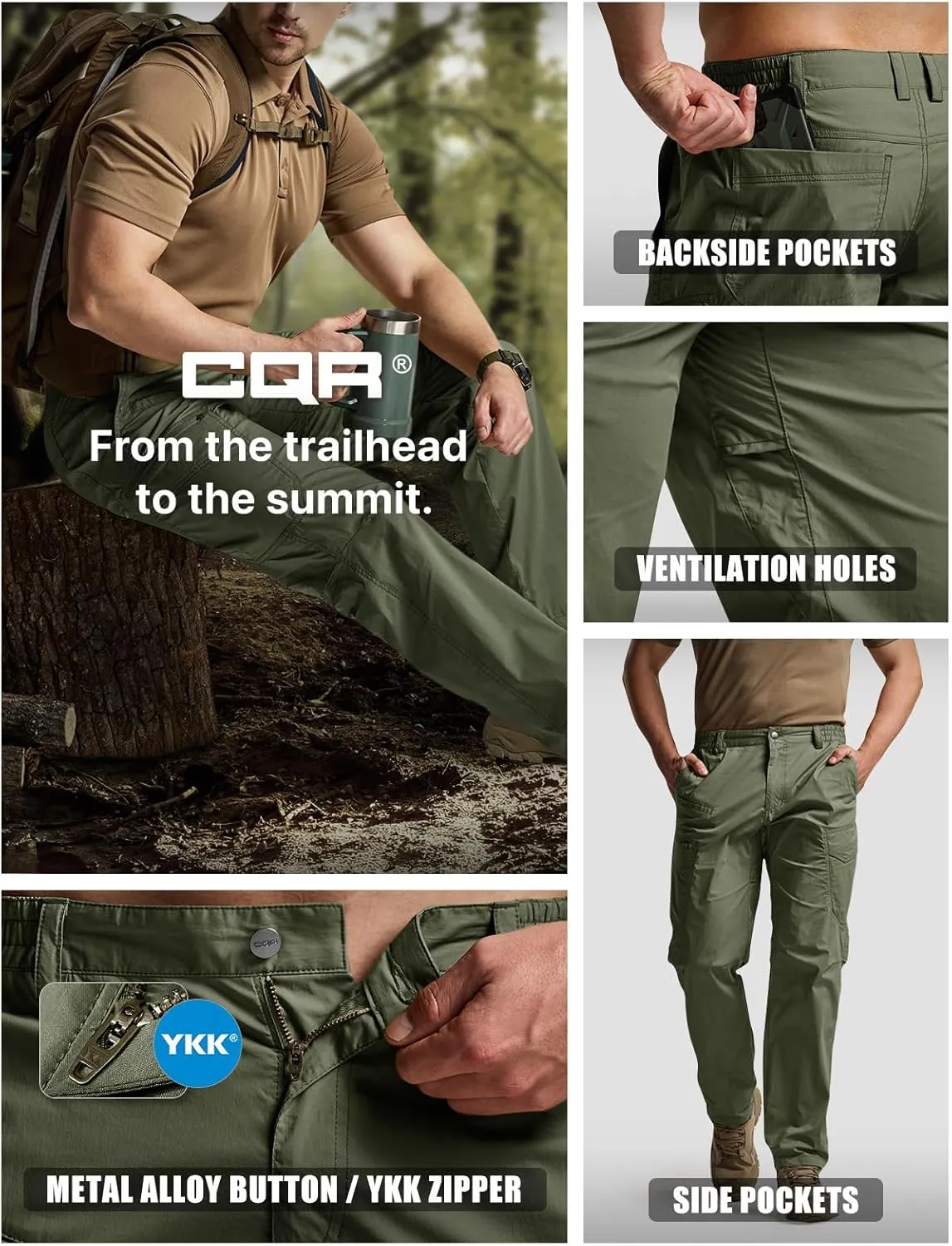 CQR Men's Quick Dry Tactical Pants, Water Resistant Outdoor Pants, Lightweight Stretch Cargo Work Hiking Pants