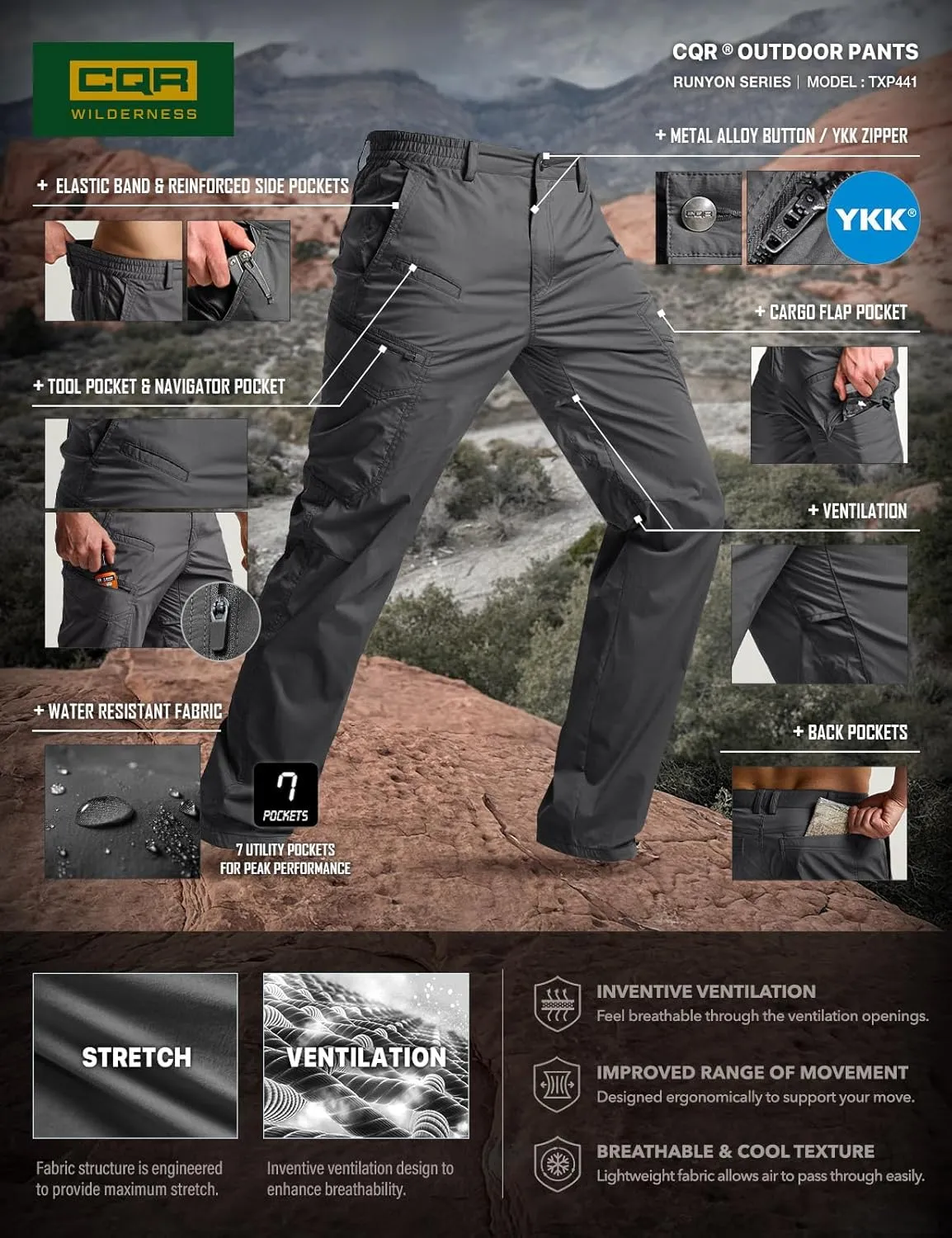 CQR Men's Quick Dry Tactical Pants, Water Resistant Outdoor Pants, Lightweight Stretch Cargo Work Hiking Pants