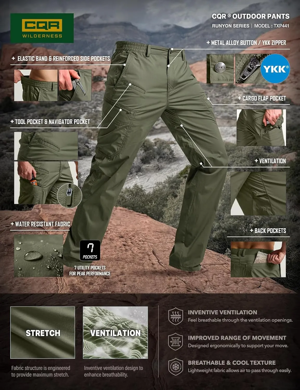 CQR Men's Quick Dry Tactical Pants, Water Resistant Outdoor Pants, Lightweight Stretch Cargo Work Hiking Pants
