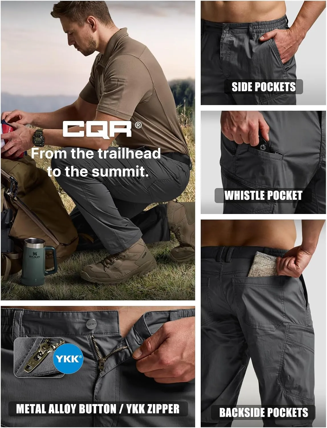 CQR Men's Quick Dry Tactical Pants, Water Resistant Outdoor Pants, Lightweight Stretch Cargo Work Hiking Pants
