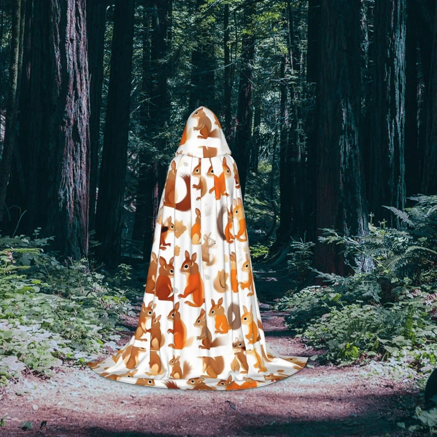 Cute Squirrels Print Halloween Hooded Cape Cosplay Cape & Witch Cloak - Unisex Halloween Hooded Cloak